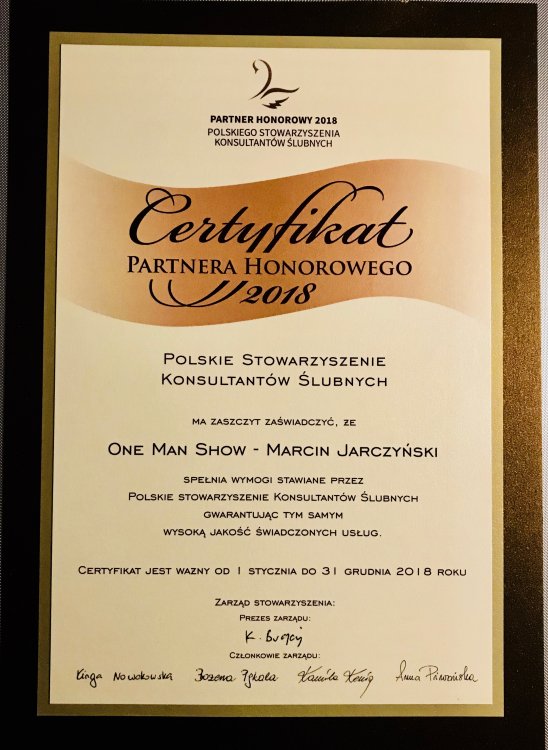 Certyfikat Partnera Honorowego 2018 Polskiego Stowarzyszenia Konsultantów Ślubnych dla One Man Show Marcin Jarczyński