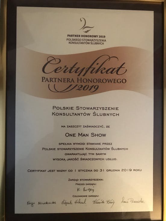 Certyfikat Partnera Honorowego 2019 Polskiego Stowarzyszenia Konsultantów Ślubnych dla One Man Show