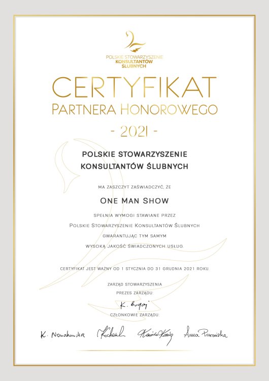 Certyfikat Partnera Honorowego 2021 Polskiego Stowarzyszenia Konsultantów Ślubnych dla One Man Show